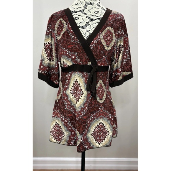 Tops - Y2K Vintage Babydoll Top Medium Burgundy Cottagecore V Neck Short‎ Slv Tie Retro